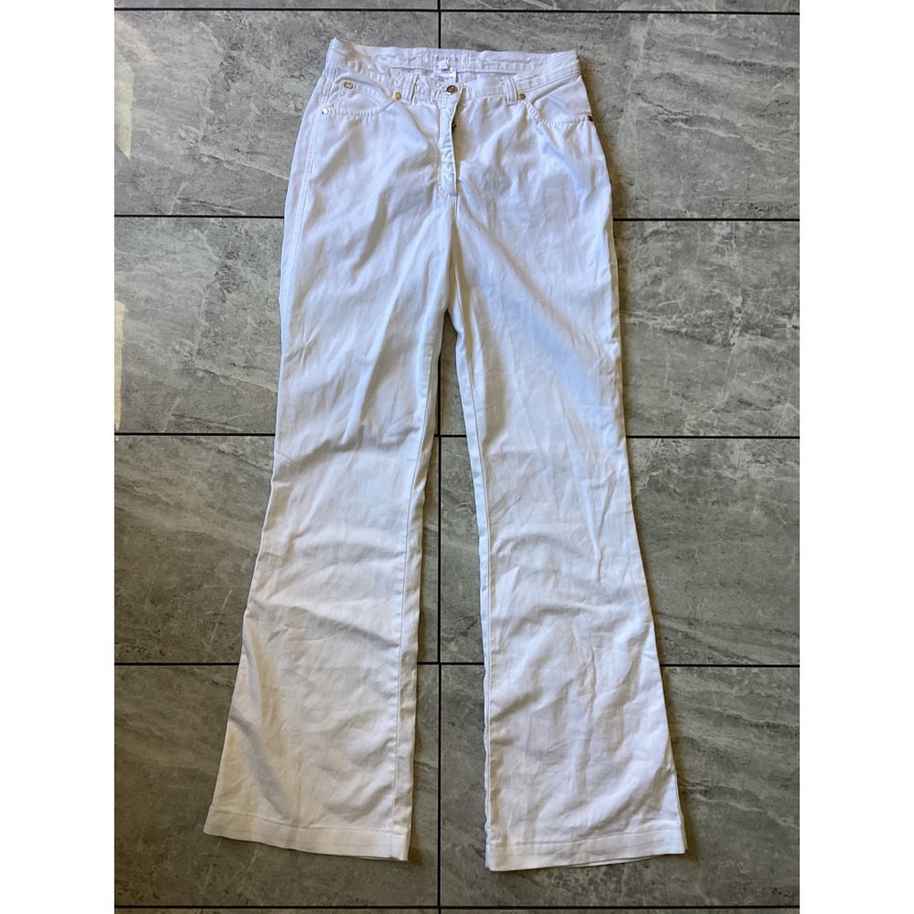 Escada Womens White Flare Leg Denim Jeans Gold Logo Hardware Size 34/4